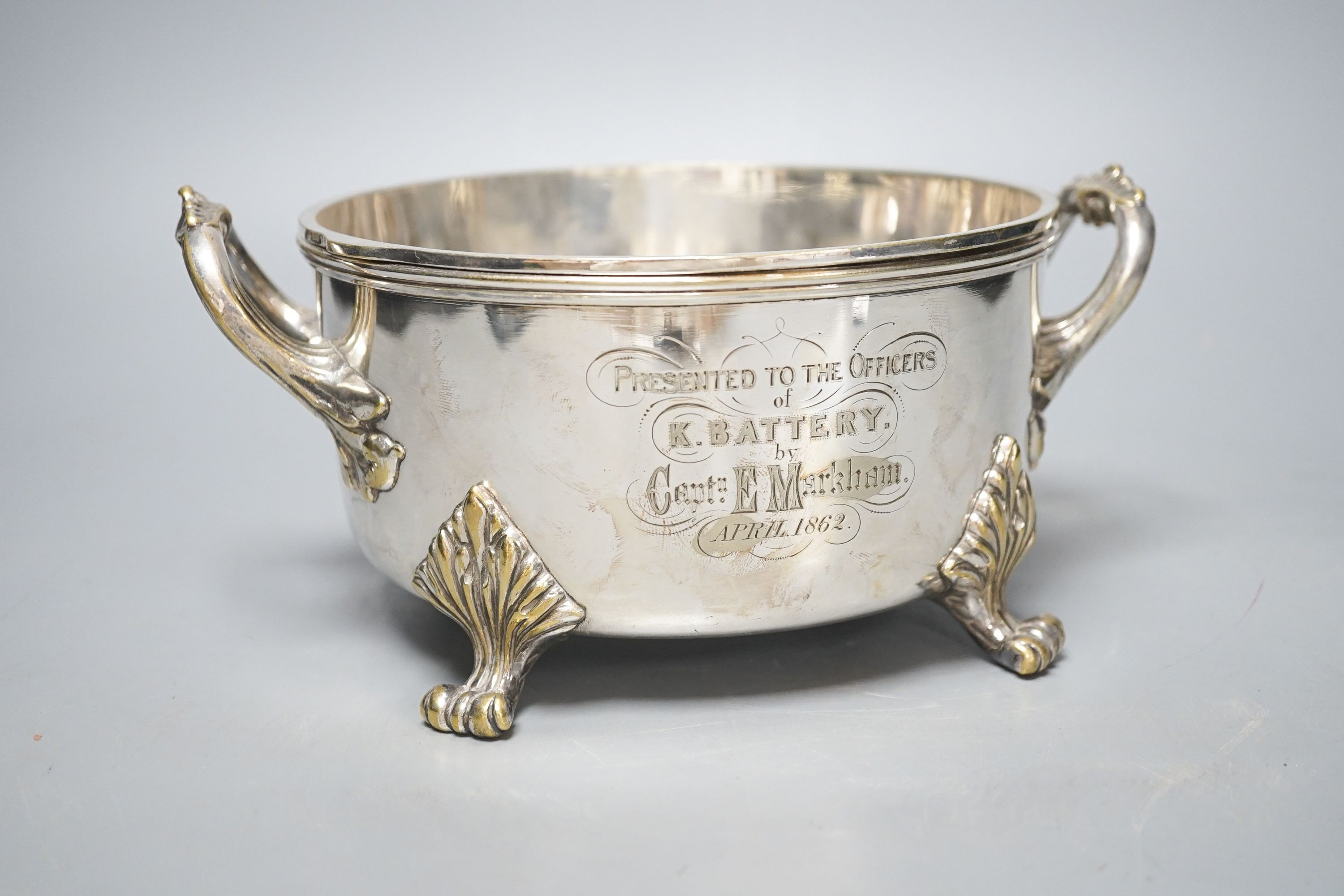 A Victorian Royal Horse Artillery sauce pot presented to the officers of K.Battery by Captain E. Markham April 1862